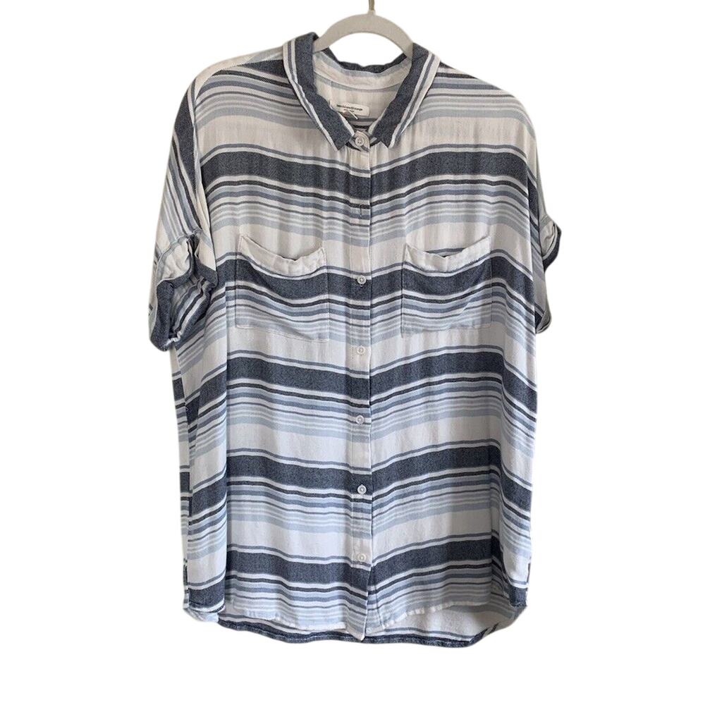 Beach Lunch Lounge Blue & White Striped Short Cap Sleeve Women’s Shirt Size XL